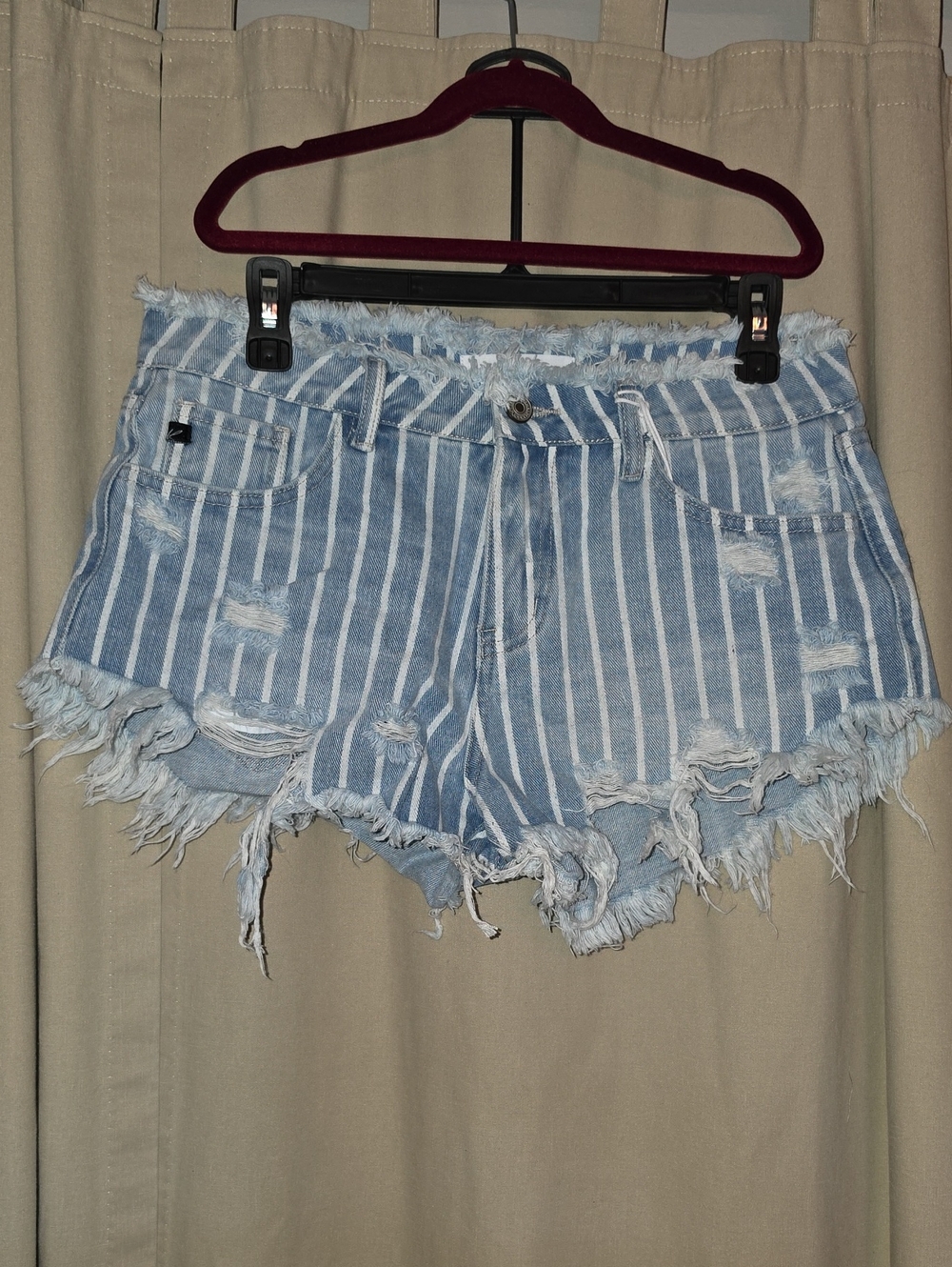 KanCan Light Blue and White Striped Distressed Jean Shorts